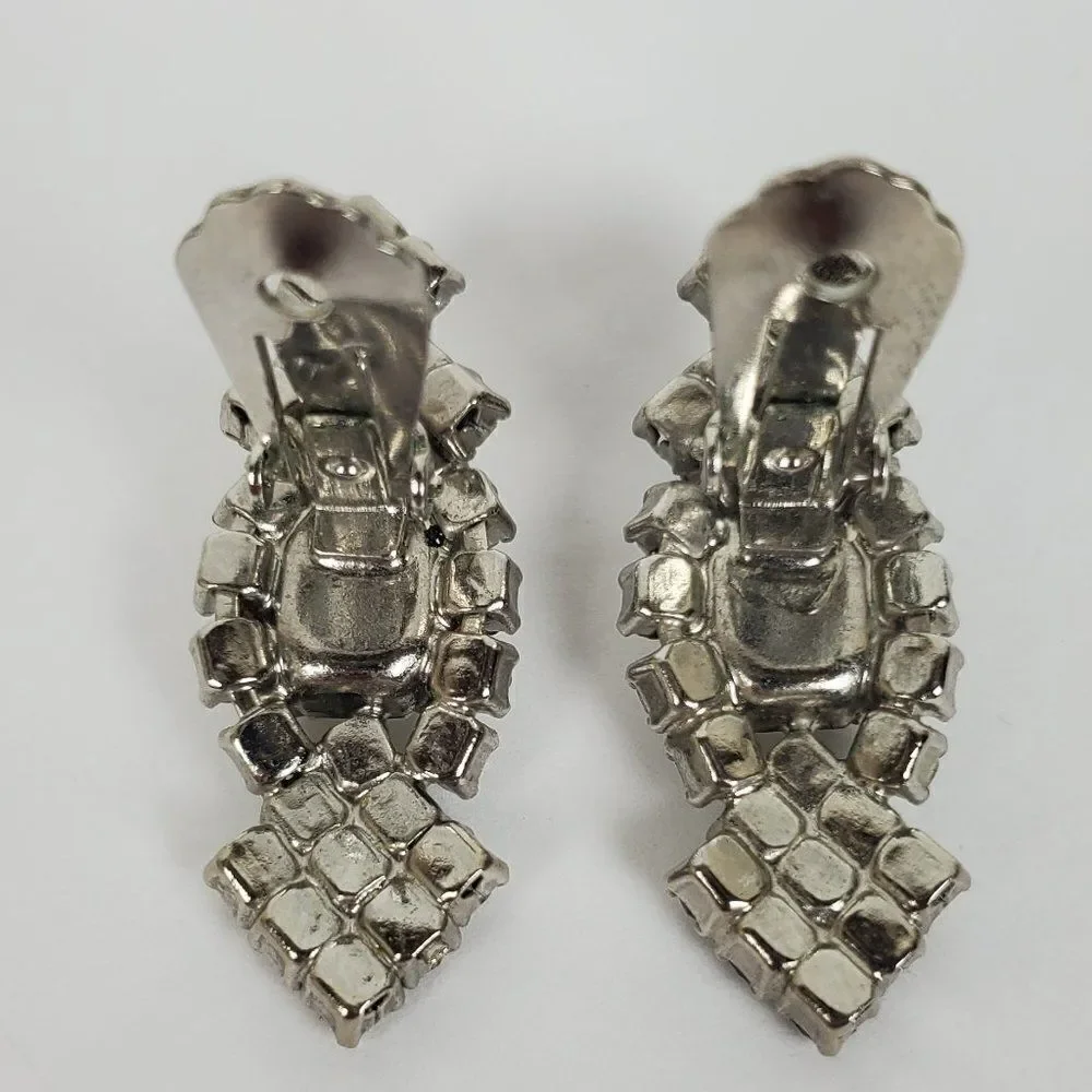 Vintage Clear Crystal Rhinestone Glass Statement Silver Tone Clip‎ On Earrings - Picture 7 of 10